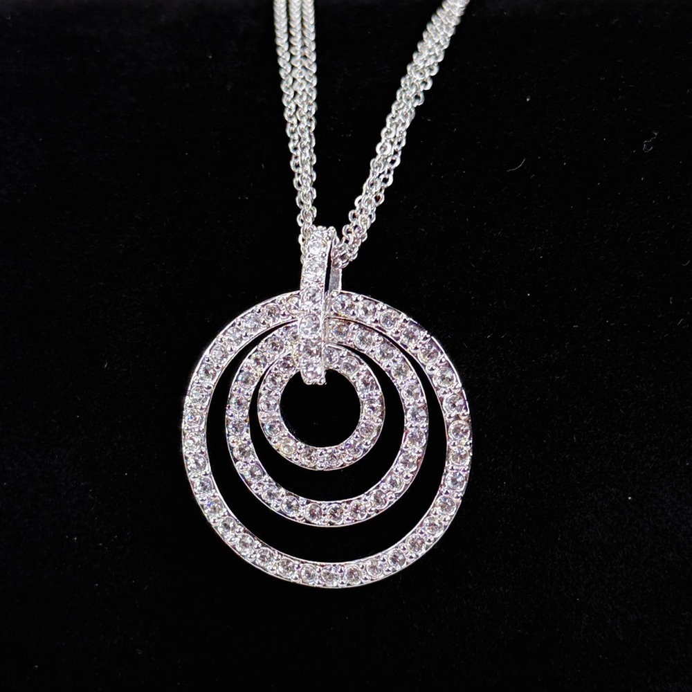 Nolan Miller Triple Circle Clear Accent Silvertone Pendant Multi Chain Necklace